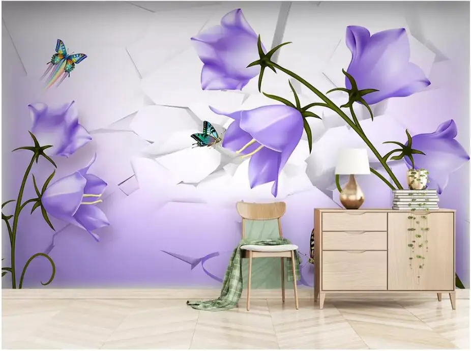 Настенные 3d фотообои на заказ фэнтези фиолетовый цветок Бабочка фон домашний