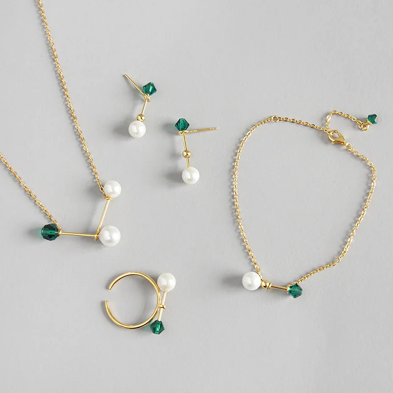 Jewelry sets Набор ювелирных изделий из настоящего 925 пробы, серебряные серьги-капли с жемчугом, кольца, ожерелья, браслеты, набор ювелирных изделий с кристаллами для женщин, подарки - Цвет камня: Jewelry sets