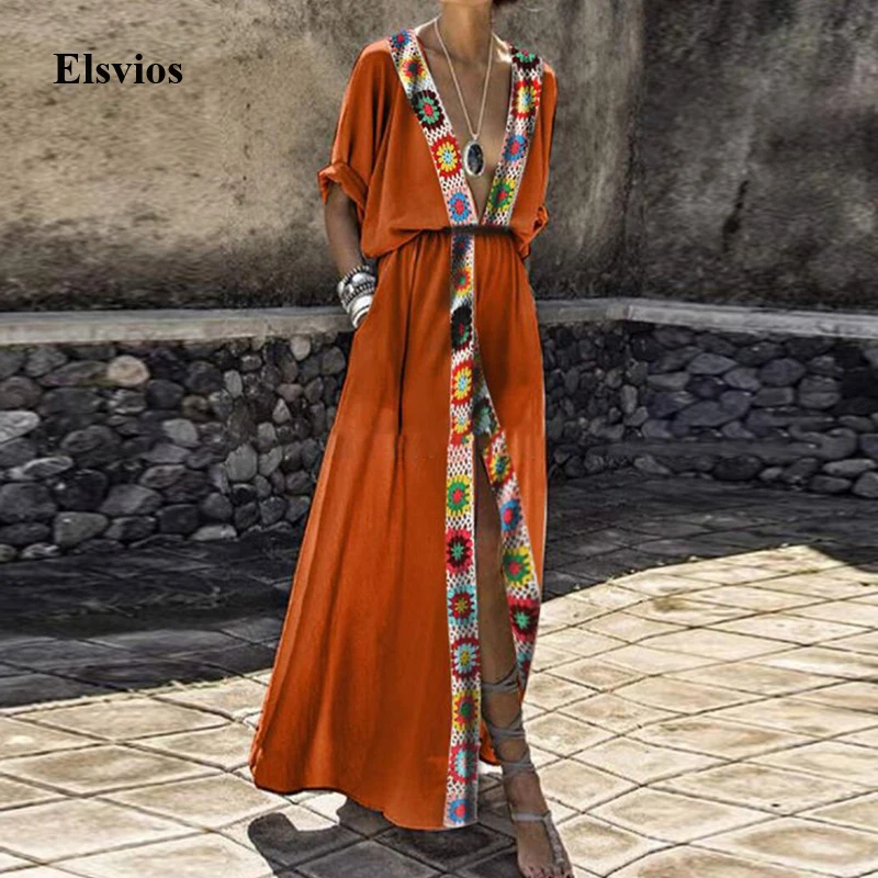 Elsvios, летнее пляжное платье с коротким рукавом, сексуальное женское платье с принтом, лоскутные платья-туники, Повседневная пляжная одежда, платье Макси