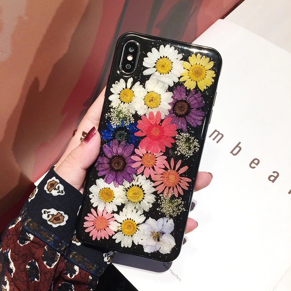 DIY блестящие ручной работы настоящие сухие цветы Чехлы для iPhone 6 6s 7 8 plus X XS XR Max