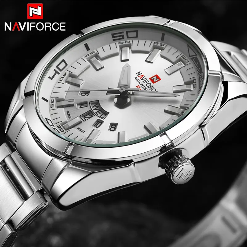 Naviforce Брендовые мужские Часы роскошный Спорт Кварц 30 м Водонепроницаемый Часы Мужская Нержавеющая сталь Группа Дата авто Наручные часы Relojes