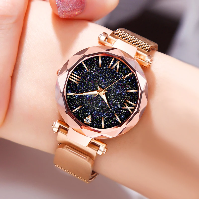 Модные женские часы из нержавеющей стали с розовым золотом и звездным небом