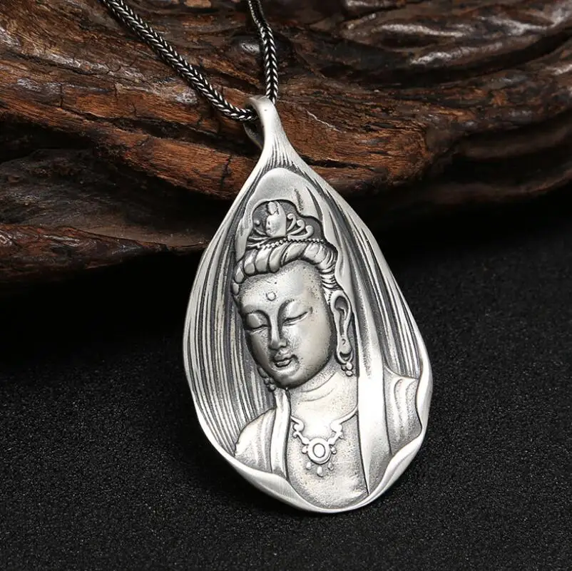 925 Sterling Silver Religious Jewelry Handmade Vintage Guanyin Buddha Pendant (FGL)