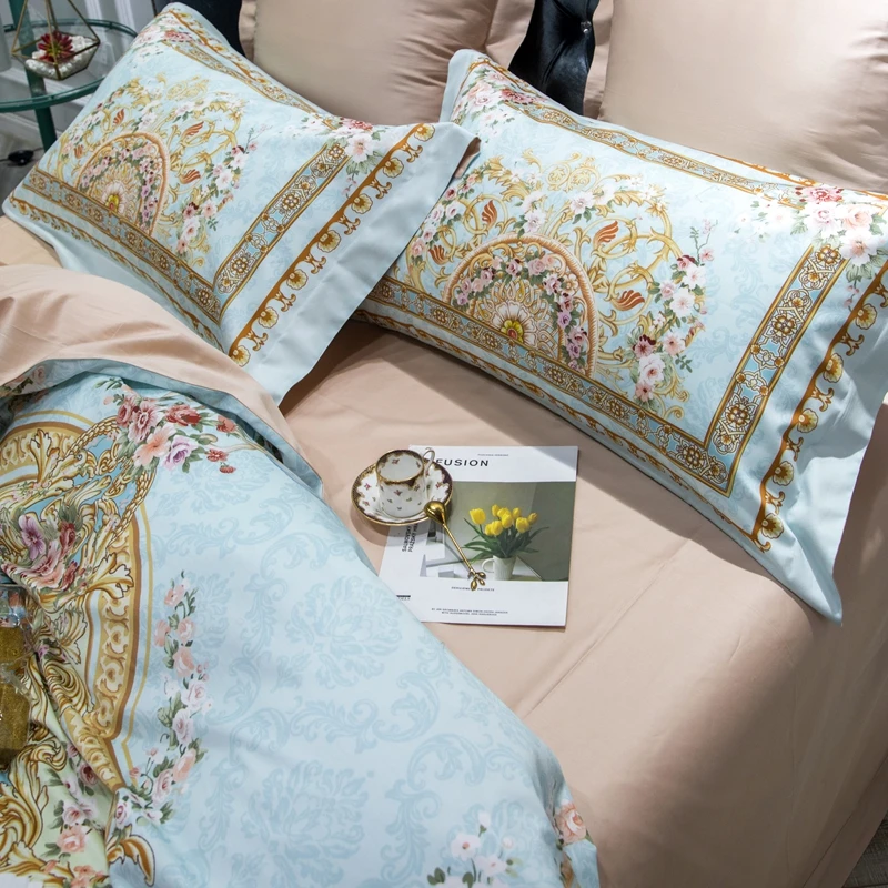 European palace style bedding set 4 piece 60S egyptian cotton bed sheets pastel blue and gold pattern duvet quilt covers linen | Дом и сад