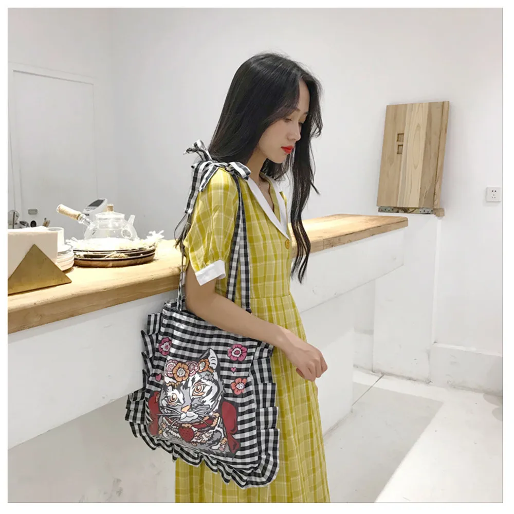 Black White Plaid Cotton Canvas Eco shopping Tote Shoulder Bag Pleated Trim Print Cat | Багаж и сумки