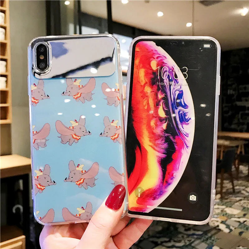 Laser edge mirror face cute Cartoon Dumbo soft shell Pink blue phone Case For Apple iphone 6 6s 7 8 Plus X XS XR MAX epoxy |