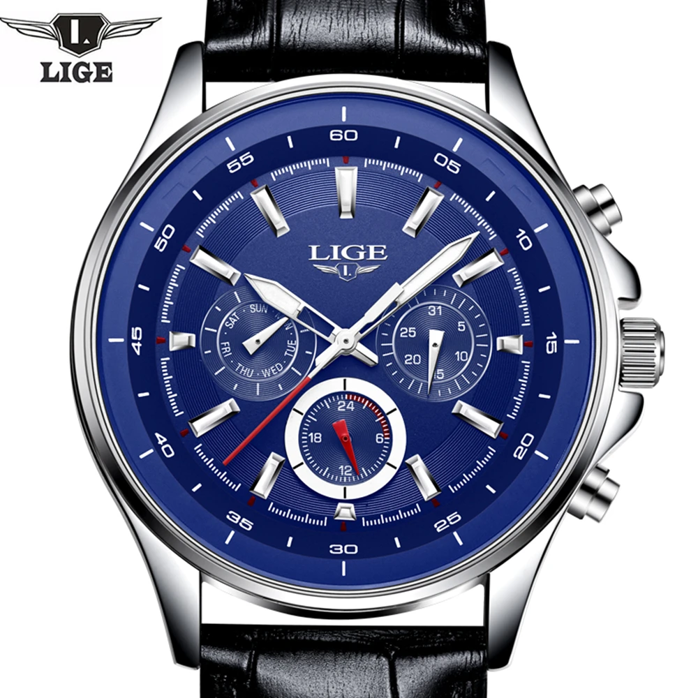 LIGE брендовые популярные мужские наручные часы кварцевые кожаные