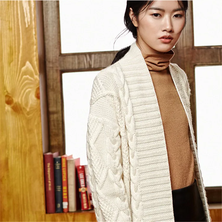 Ручная работа из чистой шерсти Vneck толстый вязаный женский модный однотонный свободный прямой длинный кардиган свитер один и более размер