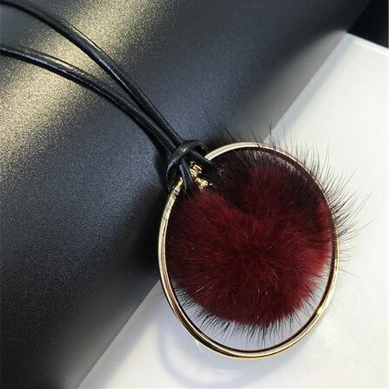 POPLO High Quality Fashion Mink Fur Ball Metal Round Necklaces For Women Vintage Statement Necklace Sweater Chain Winter Jewelry | Украшения