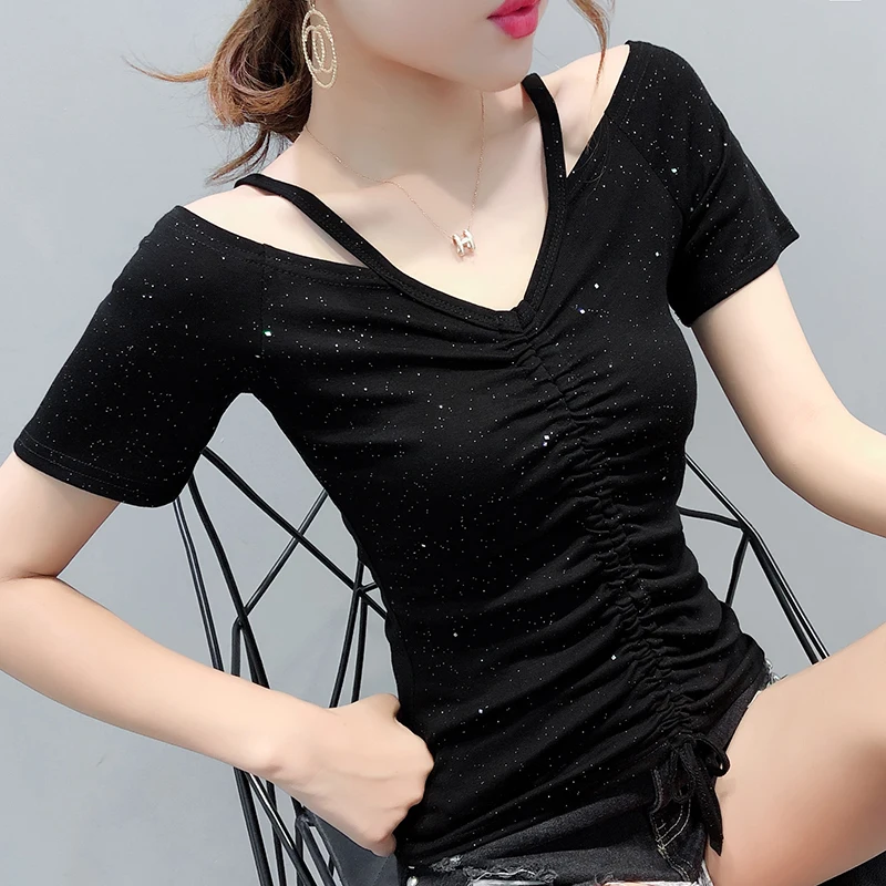 Black tshirt Сексуальная футболка с открытыми плечами и вырезом-лодочкой, новинка, летняя женская футболка на шнуровке с коротким рукавом, модная верхняя одежда, уличная одежда черного цвета, T95004 - Цвет: Black tshirt