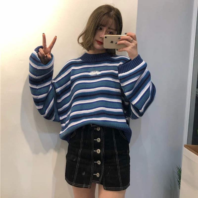 Women Autumn Casual Oversized Sweaters Harajuku O Neck Drop Shoulder Batwing Sleeve Knitted Jumper Student Loose Cute Sweater | Женская
