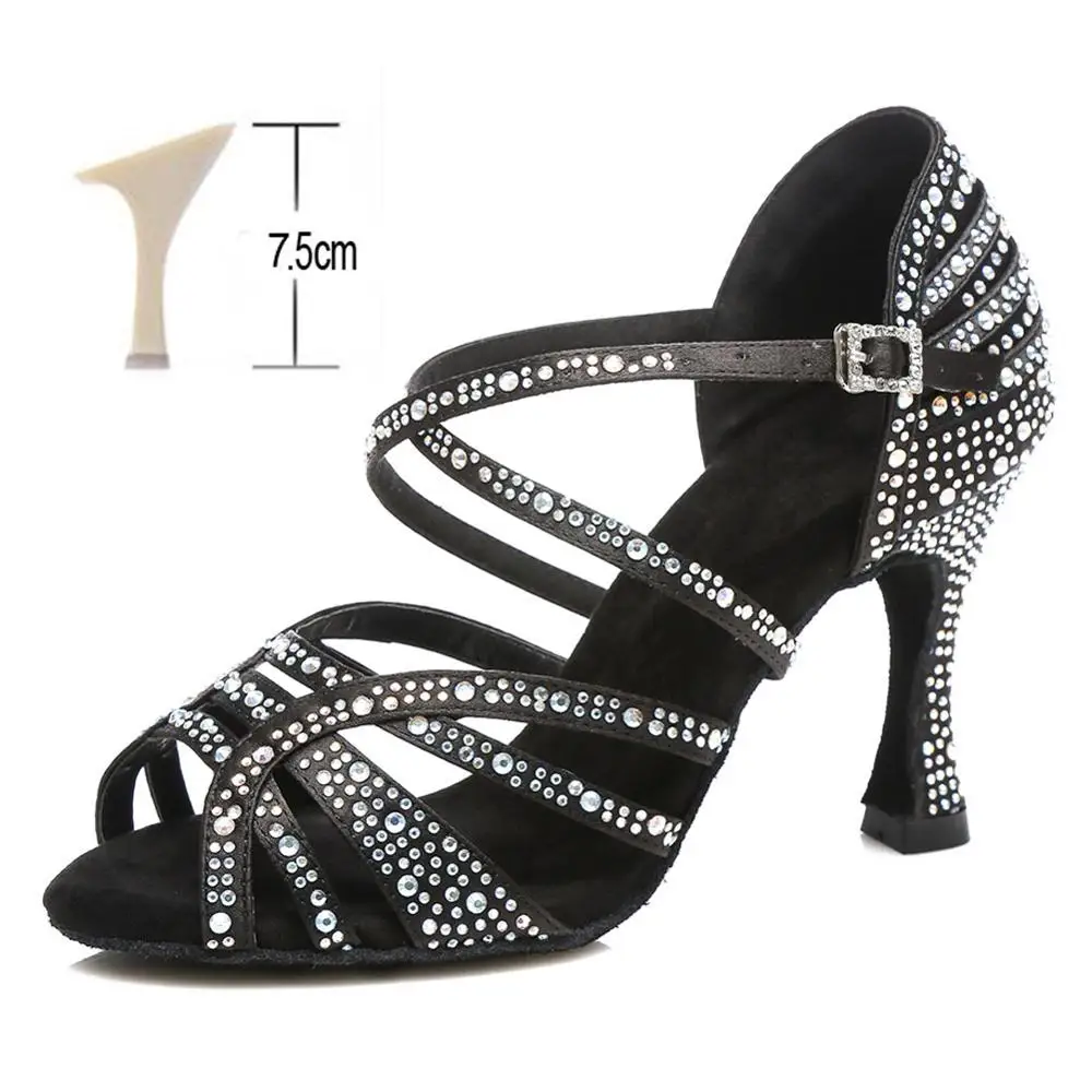 Black 7.5CM Обувь для бальных танцев, латинских танцев, стразы, танго, сальса, Новое поступление,, женские/девичьи/дамские профессиональные танцевальные туфли на тонком каблуке - Цвет: Black 7.5CM
