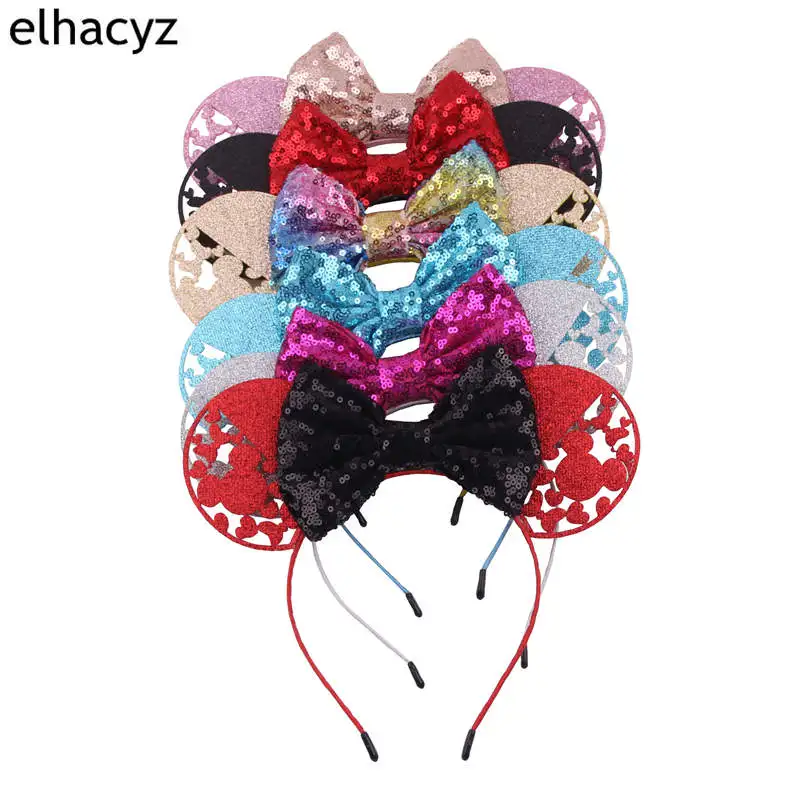 

10pcs/lot Wholesale Valentine Festival Mouse Ears Headbands 5'' Sequin Bow Hairband Girls Women Party Headwear Hair Accessories