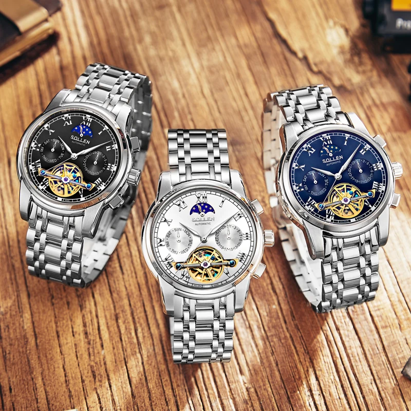 SOLLEN Скелет Tourbillon фазы Луны часы Нержавеющая сталь Водонепроницаемый светящиеся