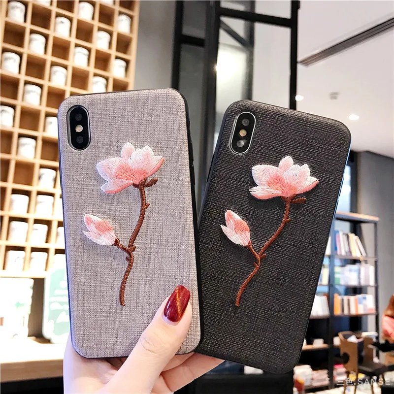 Чехол для телефона с вышивкой iPhone X 6Plus 6s Plus чехол из ткани цветами задняя крышка 6