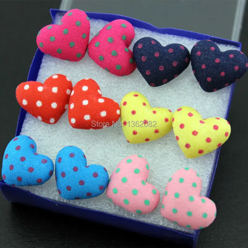Оптовая продажа 6 пар милые серьги-гвоздики в горошек с пуговицами и сердечками