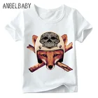 Детская забавная футболка с принтом в виде лисы и черепа для мальчиков и девочек, летние дизайнерские топы в стиле ретро, детская мягкая белая футболка, ooo2065