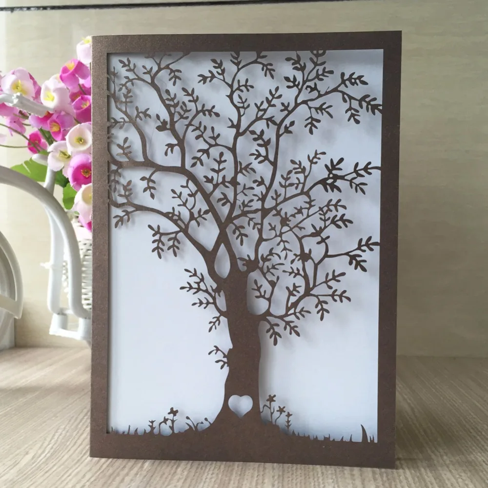 

25pcs Laser Cut Tree Pattern Shiny Wedding Invitations Card Pearl Paper Craft Decoration Birthday Party Invite cards Supplies