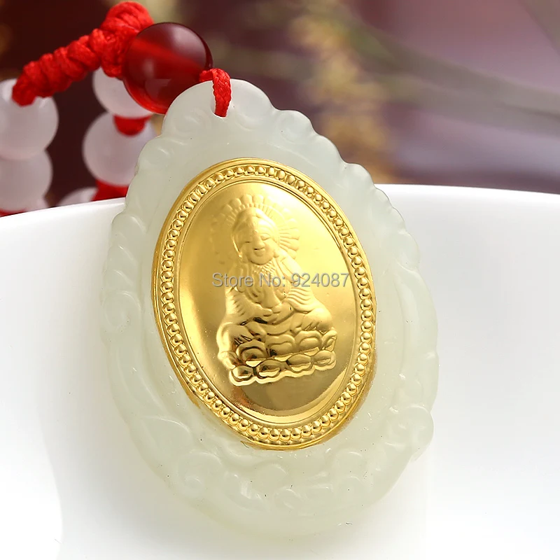 Золотой инкрустированный нефрит Будда goodnes Guanyin подлинный кулон ювелирные