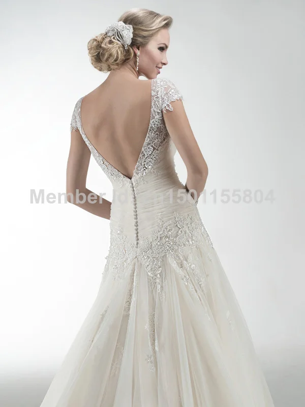 Custom V-neck Poretrait Cap Sleeve Court-Sleeve Court Train Floor-Length A-Line tulle appliques beaded Wedding gown All Size | Свадьбы и
