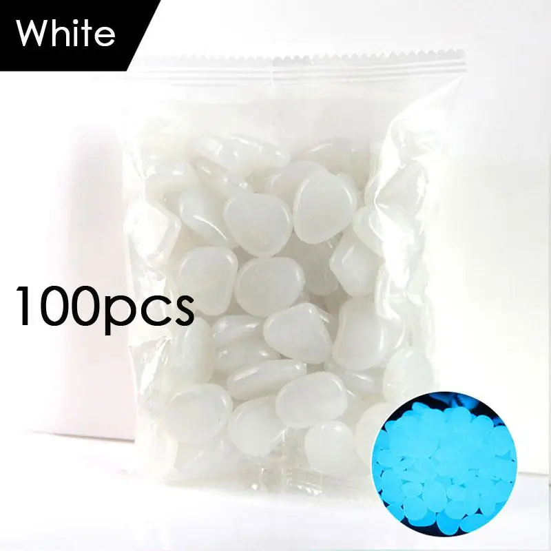 White 100 шт./лот, товары для сада, камень светится в темноте, светящиеся камни с галькой для дорожки, украшения для аквариума - Цвет: White