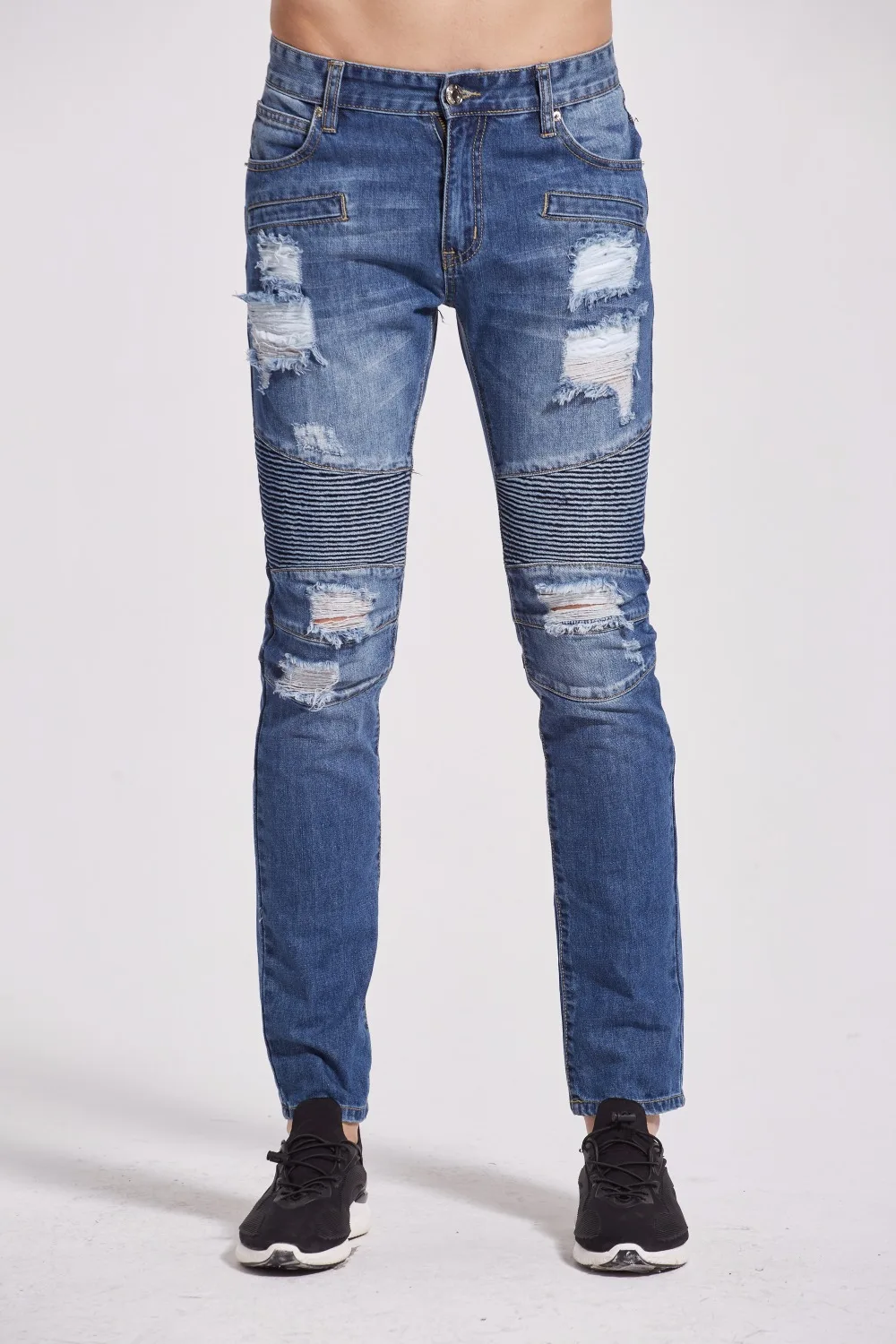 Мужские байкерские джинсы S1702 Классические облегающие с дырками|biker jeans|biker jeans