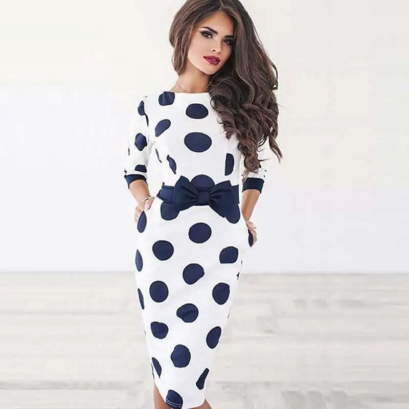 Sisjuly Bodycon Женщины Горошек Винтажное Платье Оболочка С Длинным Рукавом Бантом Ретро Офис Белый Короткие Платья Партии Лето - Цвет: white