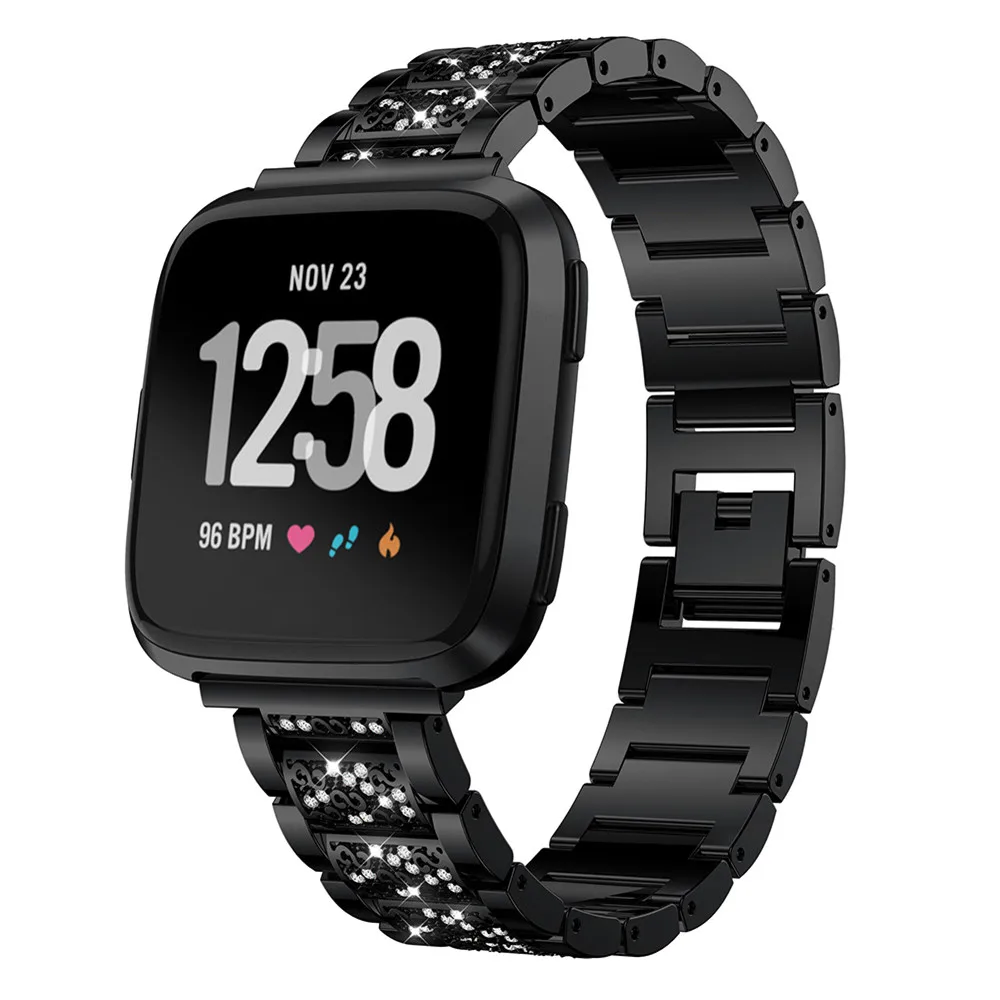 Black Ремешок для часов из нержавеющей стали с кристаллами для Fitbit versa, сменный металлический браслет, регулируемые повязки для наручных часов со стразами - Цвет: Black