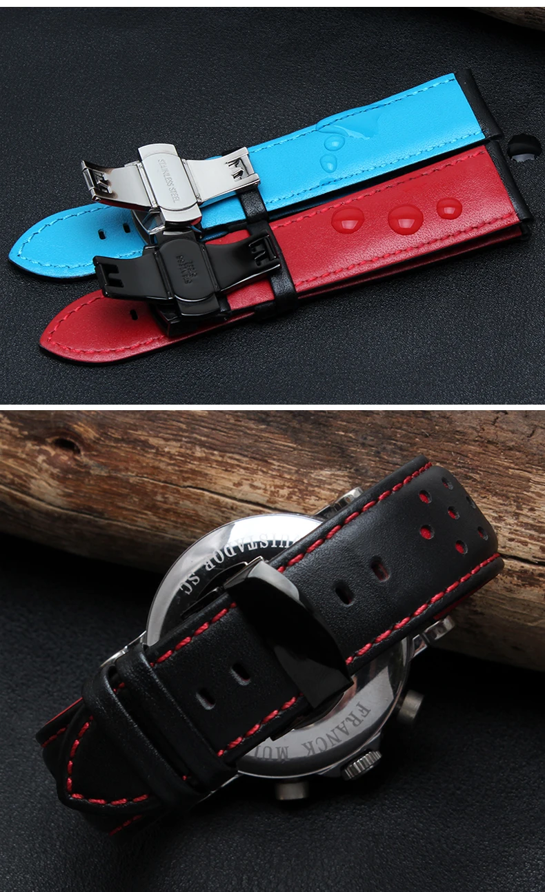 Rolamy 20mm 22mm Real Cowhide Leather Handmade Black Red Blue Replacement Wrist Watch Band Strap Double Push Clasp