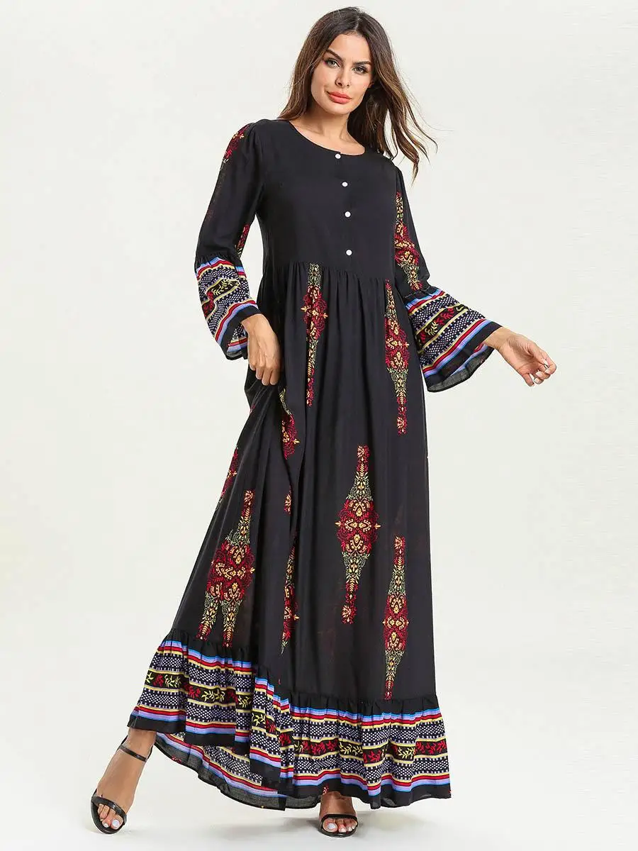 Мусульманское женское длинное платье макси с цветочным принтом абайя джилбаб