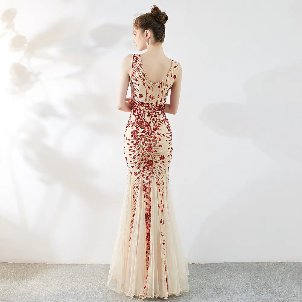 

Sladuo Romantic Red Foral Embroidery Sexy Sleeveless Club Night Dress Long Mermaid Big Hem Elegant Evening Party Dresses