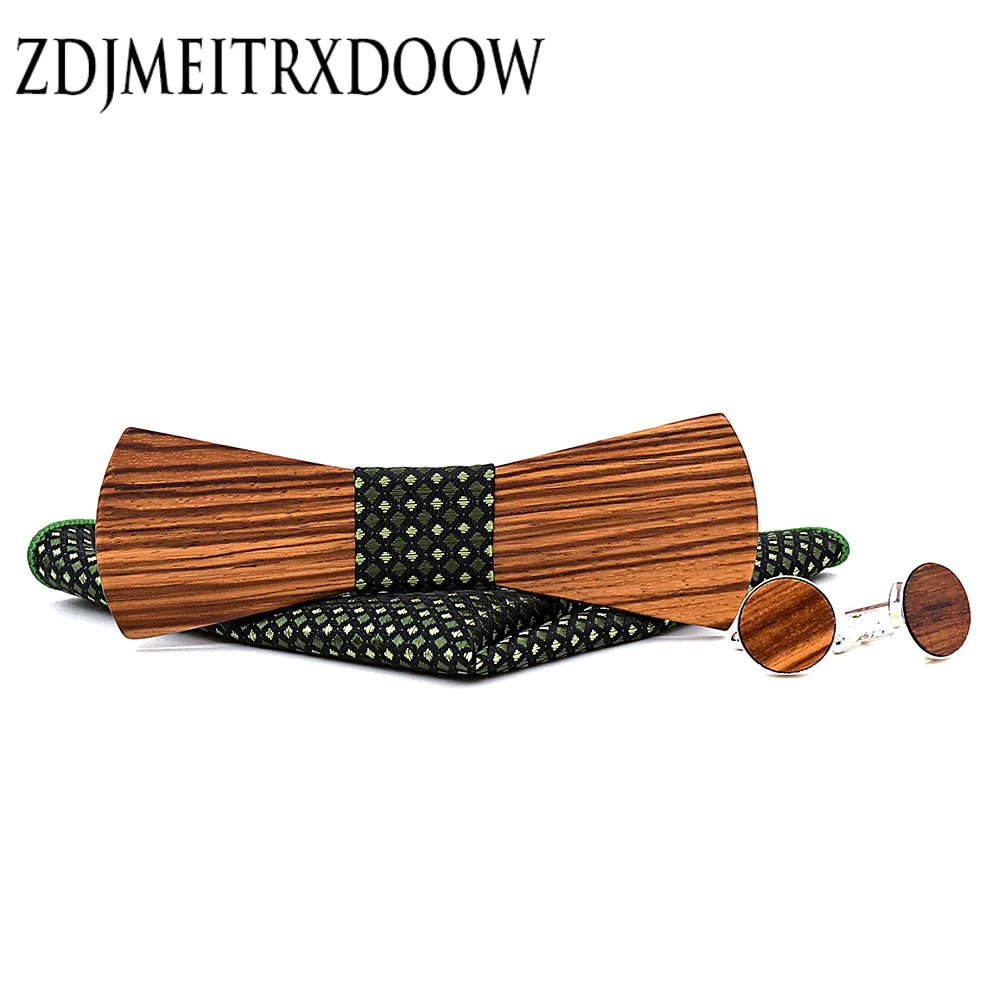 

Zebra wood Men's Bowtie Cufflinks Hanky Set Wooden Bow Tie Bowknots for Wedding Groom Male Neck Ties Handkerchief Set