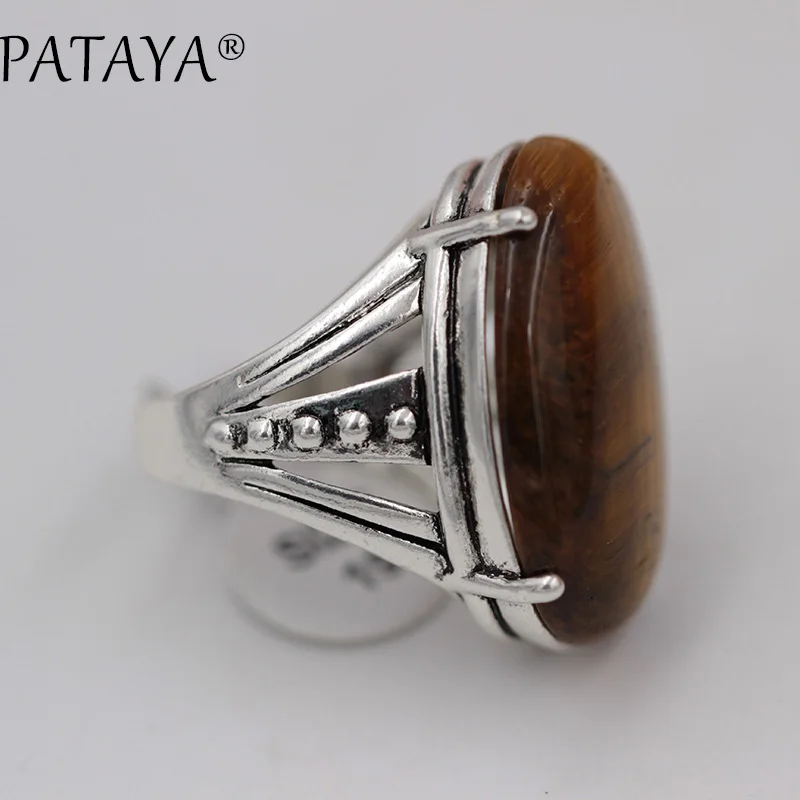 PATAYA, Новое поступление, древнее серебро, протертая Черная задняя часть, полый ювелирный набор, прекрасный натуральный камень тигра, большие серьги, набор колец, свадебный набор