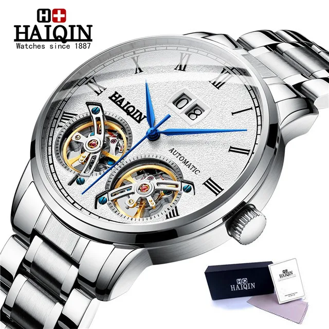 S-silver white HAIQIN мужские часы Новые Топ люксовый бренд Роскошные автоматические часы с двойным турбийоном мужские часы в Военном Стиле часы reloj hombr - Цвет: S-silver white