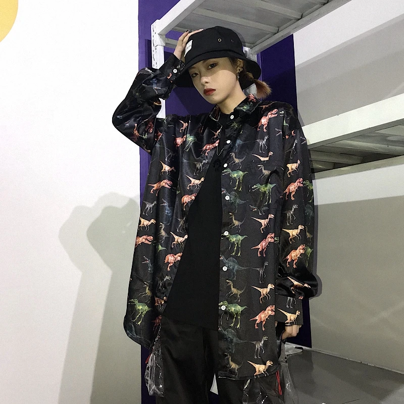 Harajuku блузка BF Женская свободная с длинными рукавами принтом динозавра