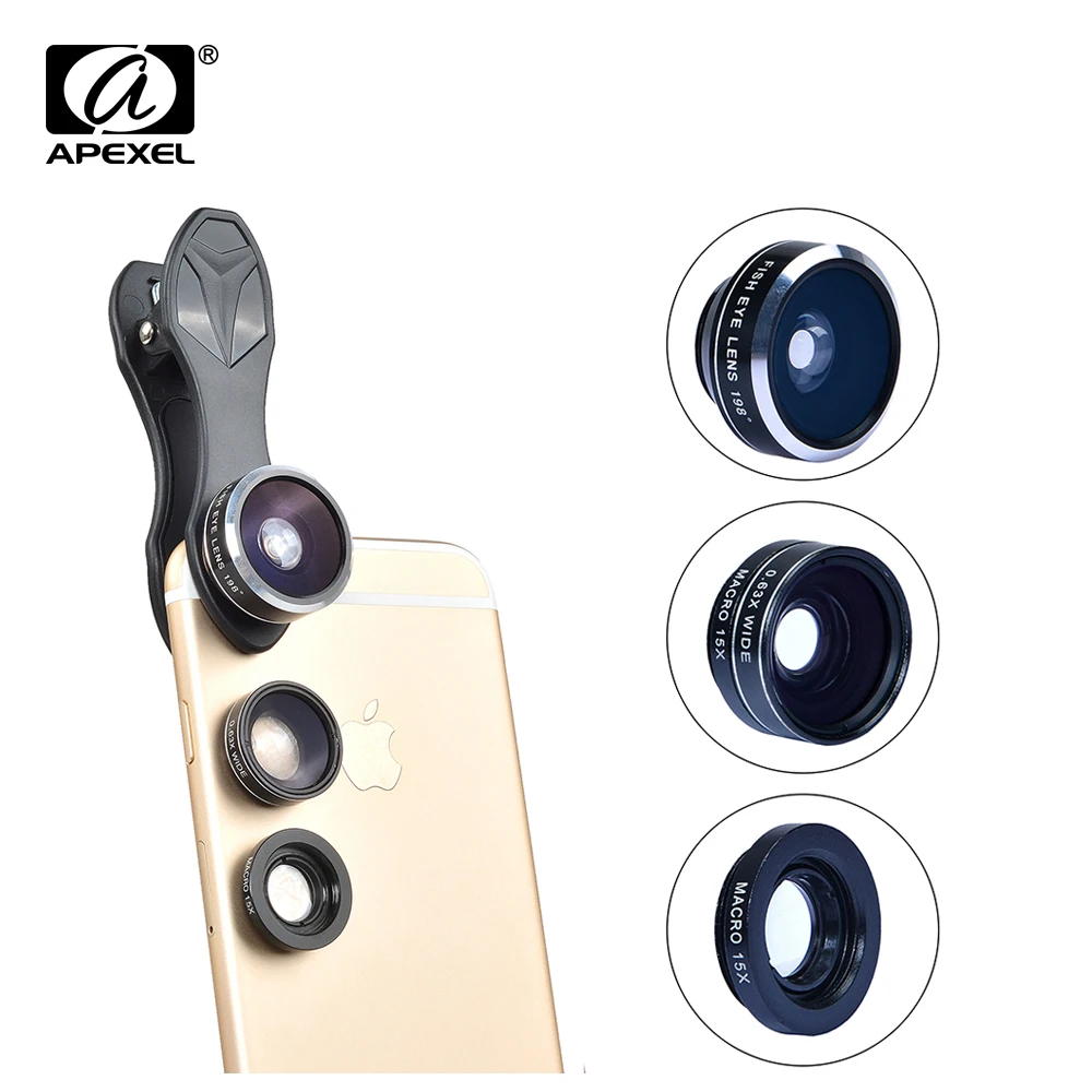 APEXEL 3in1 Клип сотовый смартфон Камера объектив Комплект 198 градусов рыбий глаз + 0.63X