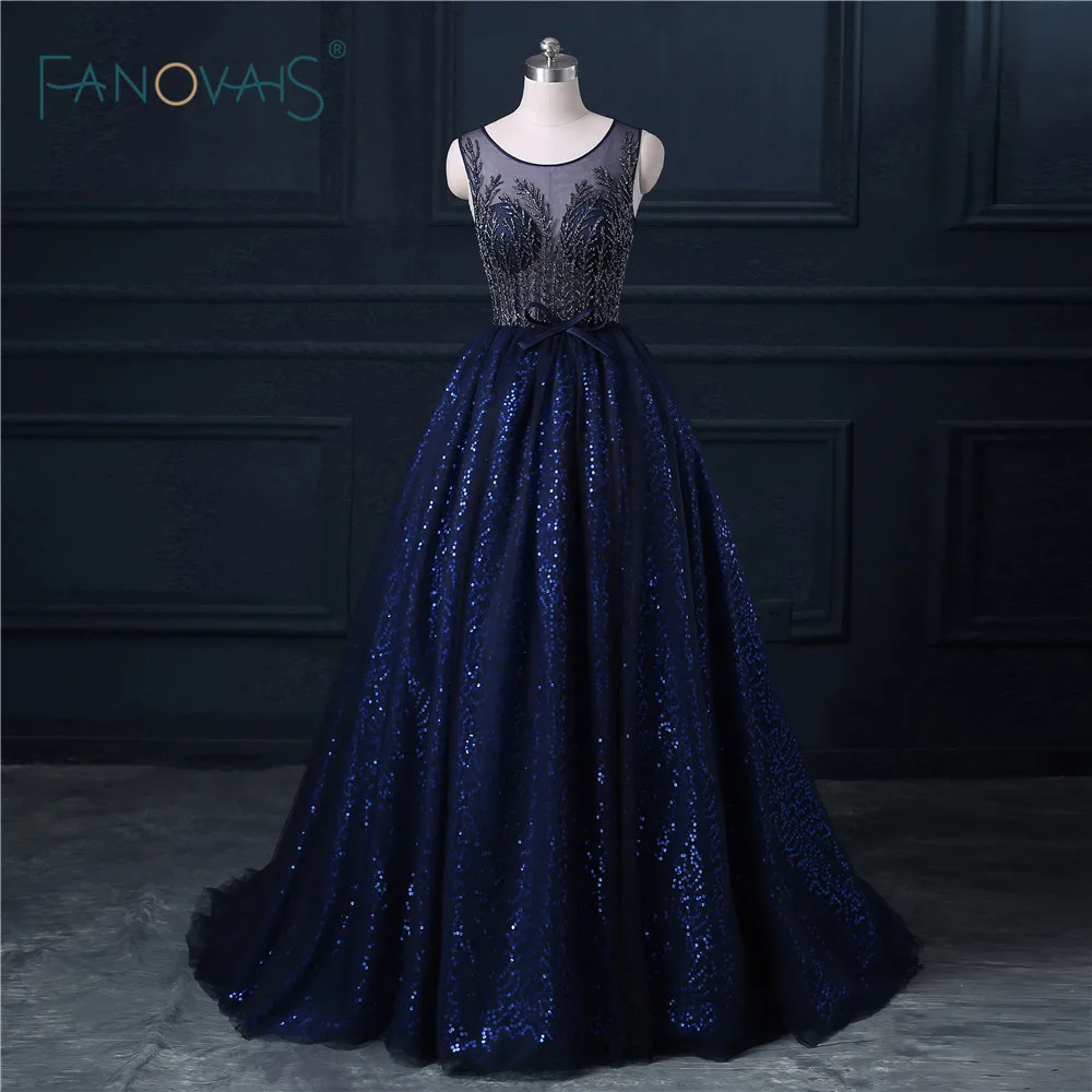 

Real Image Navy Blue See Through Shining Sequin Beading Evening Dress New Arrival Formal Dress vestido longo para festa ASAE03