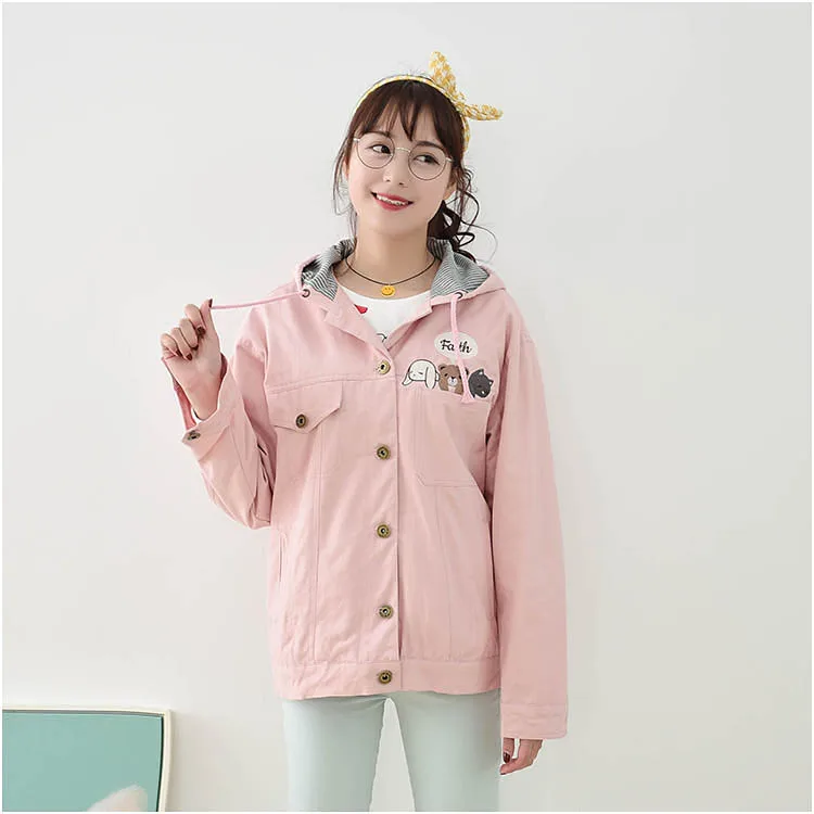 Милые женские короткие куртки пальто мультфильм животных вышивка с капюшоном