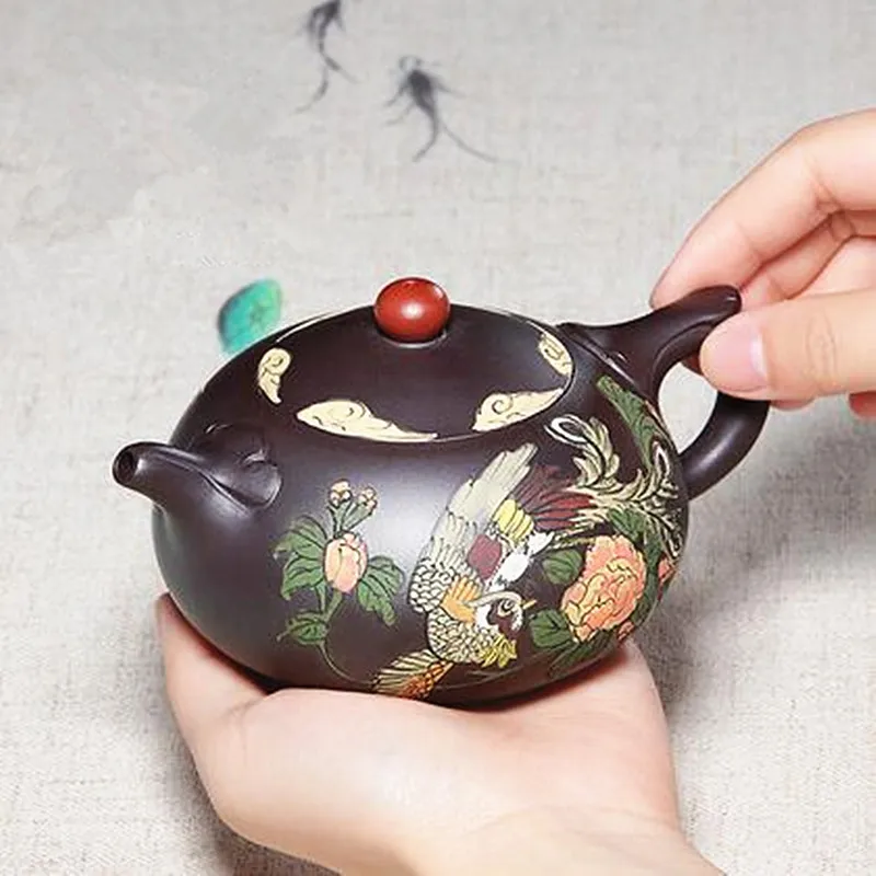 

Chinese Good Quality Tea Pot Handmade Purple Clay Material Teapot Peony Phoenix Pattern For Gift Food Processor Tool Teapot