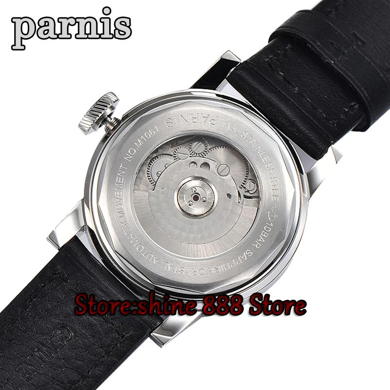 Мужские часы PARNIS Power Reseerve с роскошным сапфировым стеклом из натуральной кожи ST2530