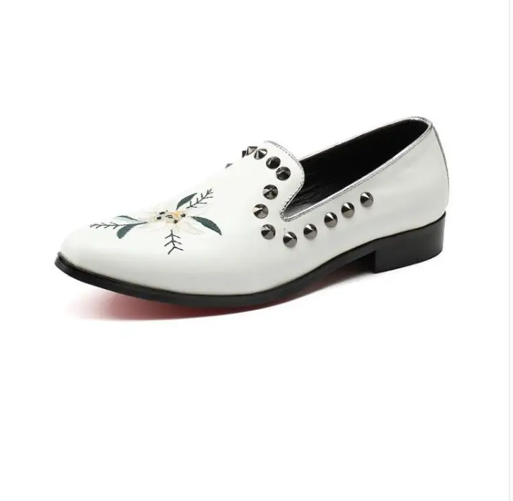 2018 New Genuine Leather Men Oxford Shoes rivets studded embroidery Casual Business shoes white Slip-on party office | Обувь