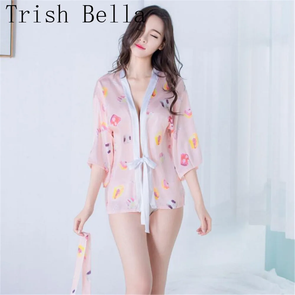 

Cow's milk Japanese Kimono Cardigan Bandage printing Bathrobe Pajama sexy lingerie babydoll sexy underwear lenceria erotic porno