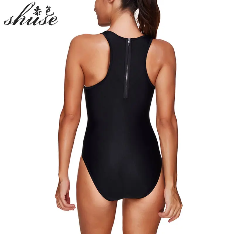 Черные спортивные купальники цельные купальные костюмы на молнии с высоким