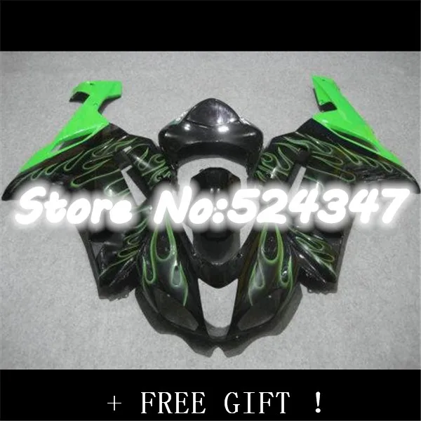 

B Hot Sales,For Kawasaki Ninja ZX6R 2007 2008 ZX 6R 07 08 ZX-6R Green flames in black bodywork fairing kit