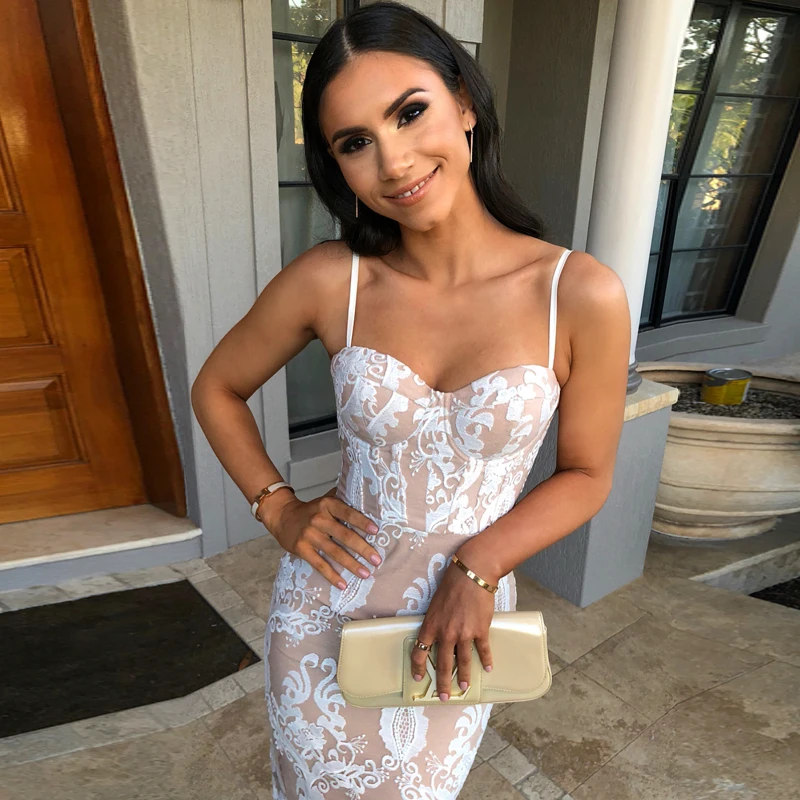 

Beateen 2018 New Women Sweetheart Neckline Spaghetti Strap Floral Lace Sexy Club Bodycon Mid-Calf Split Back Party Bandage Dress