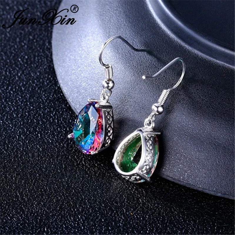 Женские серьги подвески JUNXIN Mystic Fire Stone Серьги серебряного цвета с австрийским