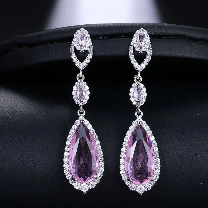 EMMAYA Luxury Bridal Four Colors Silver Vintage Allure Crystal Waterdrop Long Drop CZ Earrings For Women Wedding Jewelry Gift - Окраска металла: pink