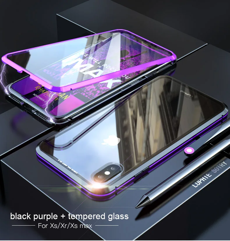 Black Purple 360 полный защитный Магнитный адсорбционный чехол для iPhone X/XS/XR/XS MAX, передняя и задняя крышка из закаленного стекла, полное покрытие экрана - Цвет: Black Purple