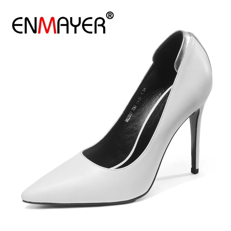 

ENMAYER Genuine Leather Pointed Toe Casual Slip-On Women High Heels Tacones Mujer Sapato Feminino Size 34-39 ZYL2560