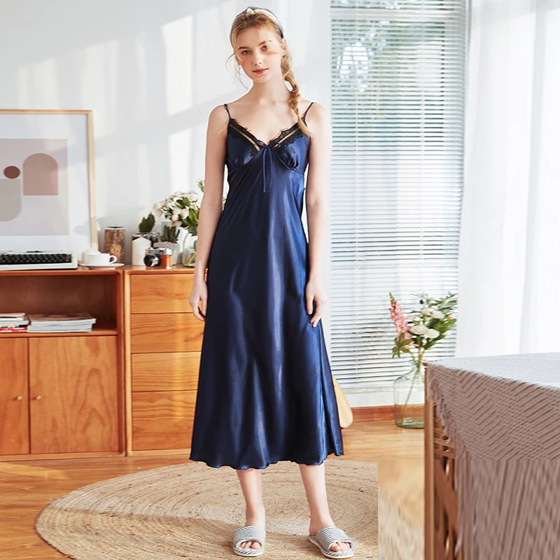 Navy Blue Женская длинная сексуальная ночная рубашка шелковая, сатиновая Пижама кружевная ночная рубашка без рукавов Ночная Рубашка летнее женское Белье для сна розовое платье - Цвет: Navy Blue